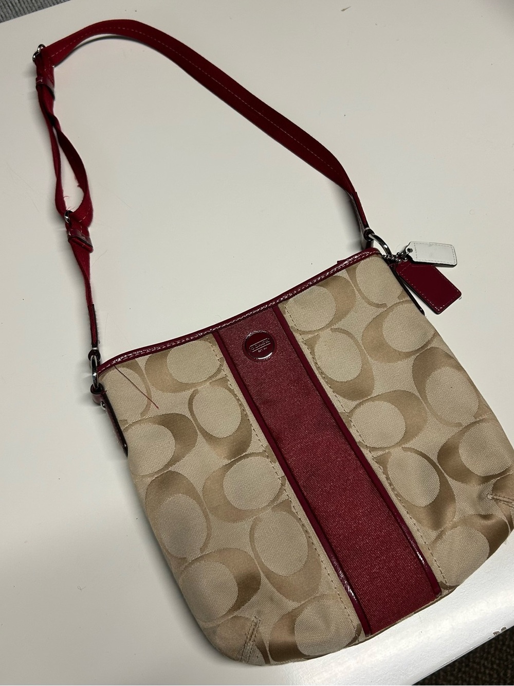 Coach Beige Signature Crossbody with Red Trim and Strap